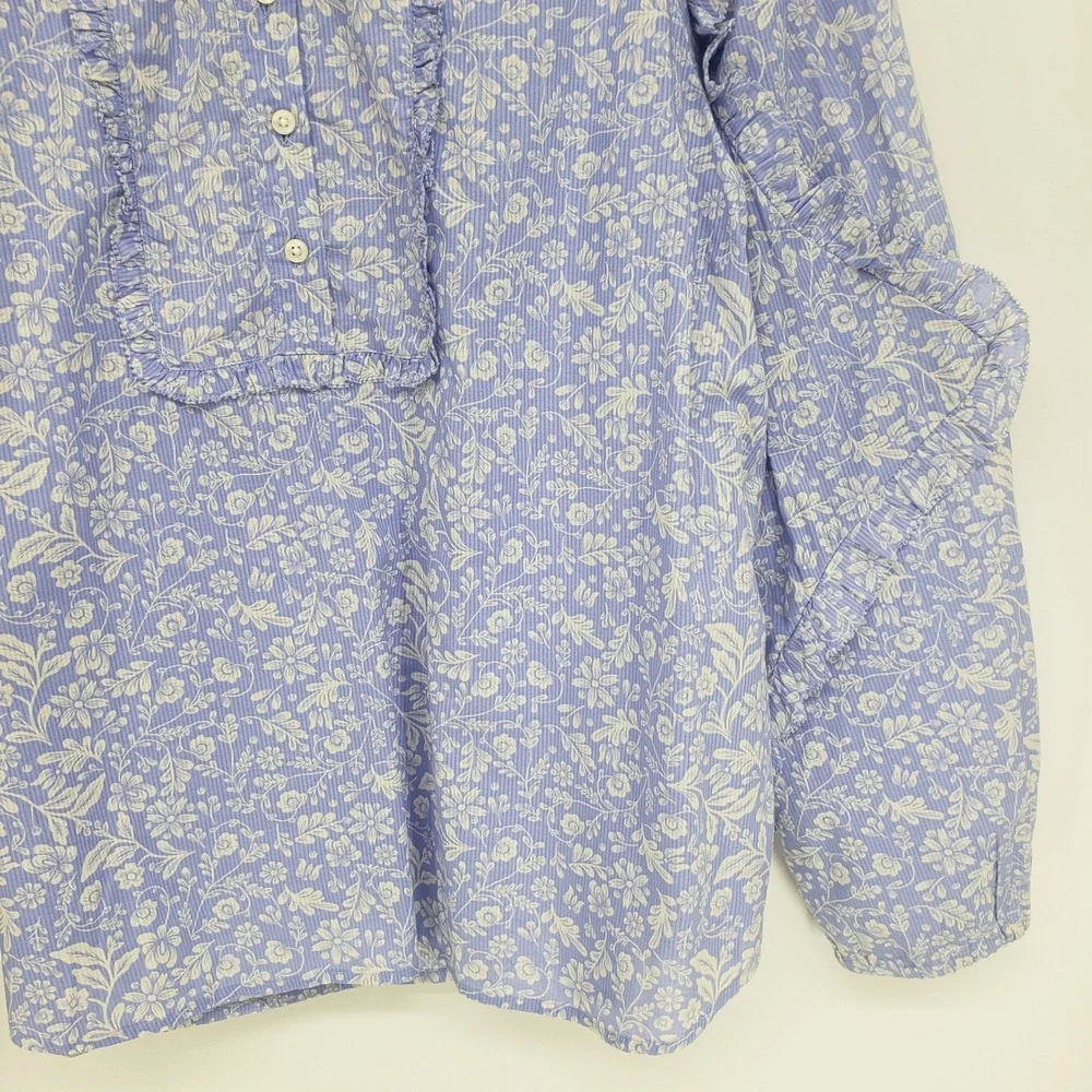 J Crew Floral Ruffle Bib Blouse Top Women Size L Blue White Cotton Peasant NWT